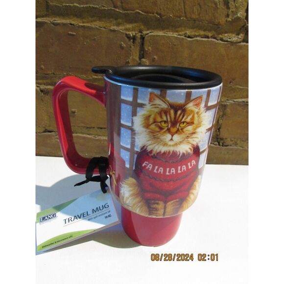 LANG CERAMIC TRAVEL MUG NEW SQUEAKY'S CHRISTMAS KITTY CAT SNOWMAN HOLIDAY RED - Picture 1 of 6